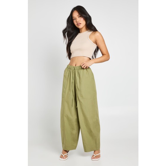Petite Poplin Drawcord Barrel Leg Poplin Trouser