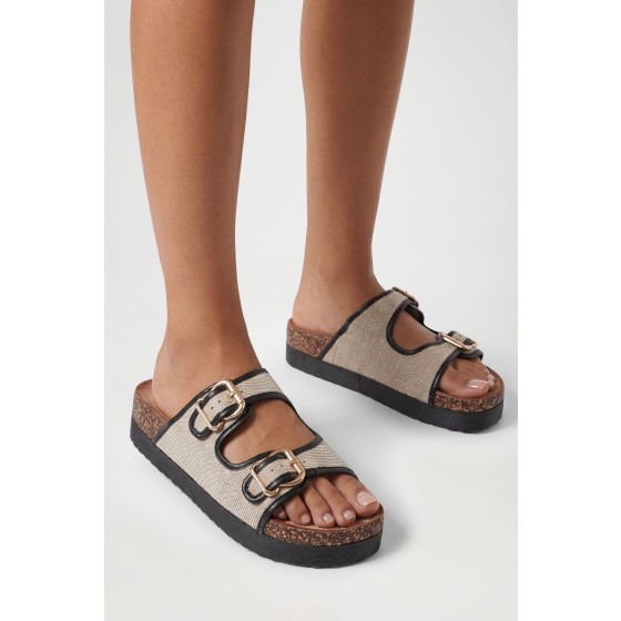 Contrast Detail Double Buckle Flatform Sliders