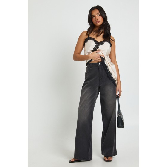 Petite Washed Black Wide Leg Jeans