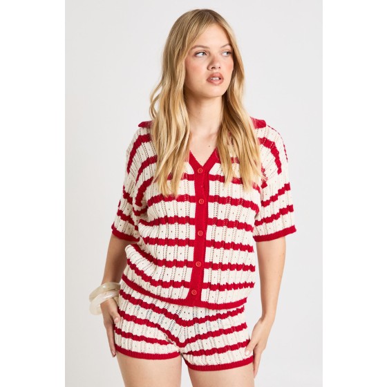 Petite Crochet Stripe Collared Shirt and Short Co-Ord