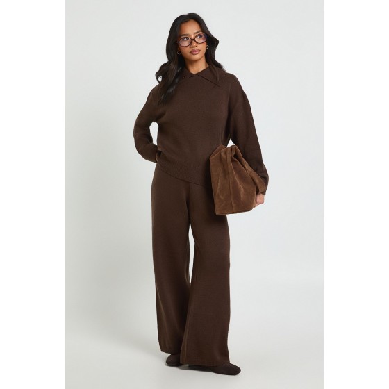 Petite Chunky Knit Collar Detail Oversized Jumper and Wide Leg Trouser Co-Ord