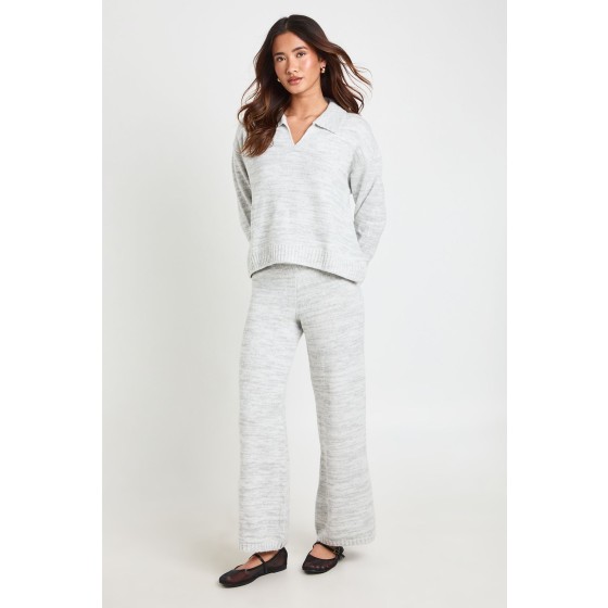 Petite Super Soft V Neck Collared Knitted Jumper and Straight Leg Trouser Co-Ord