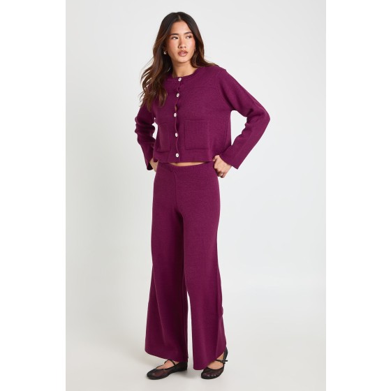 Petite Pocket Detail Crew Neck Knitted Cardigan and Wide Leg Trouser