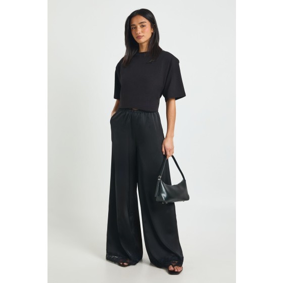 Petite Satin Lace Trim Wide Leg Trousers