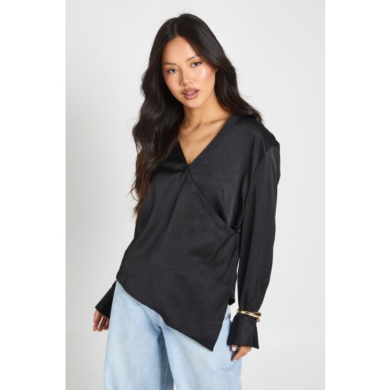 Petite Wrap Front Long Sleeve Top