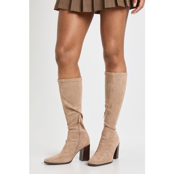 Faux Suede Block Stacked Heel Knee High Boots
