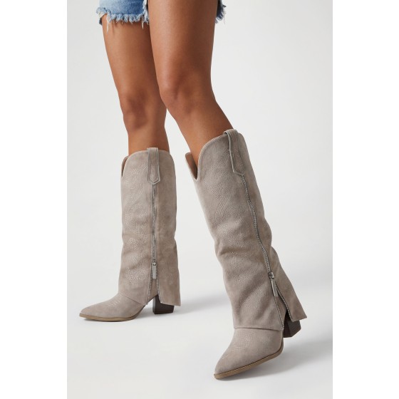 Faux Suede Zip Detail Fold Over Western Cowboy Boots