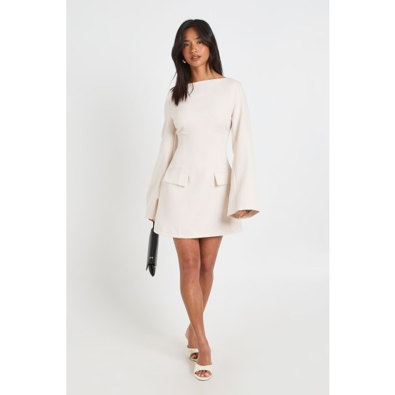 Petite Long Sleeve Slash Neck Tailored Mini Dress