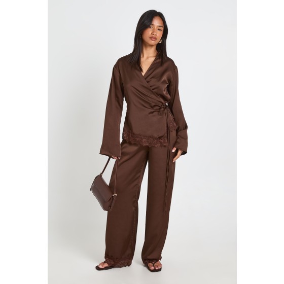 Petite Lace Hem Satin Wrap Top Co-Ord