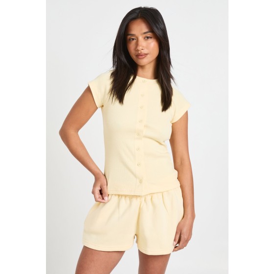 Petite Ribbed Button Through Cap Sleeve Top And Short Tracksuit