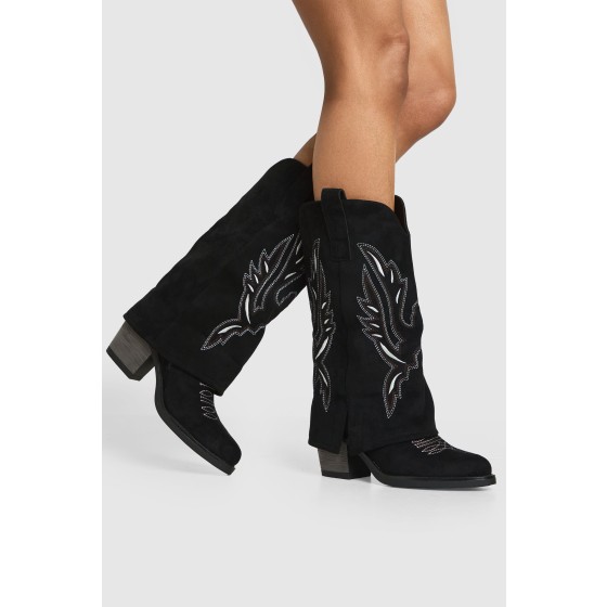Faux Suede Fold Over Contrast Embroidery Western Boots