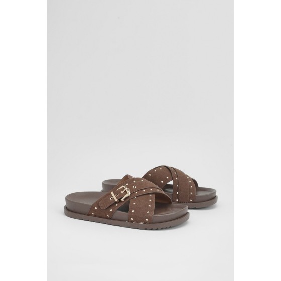 Faux Suede Stud Detail Cross Over Footbed Sliders