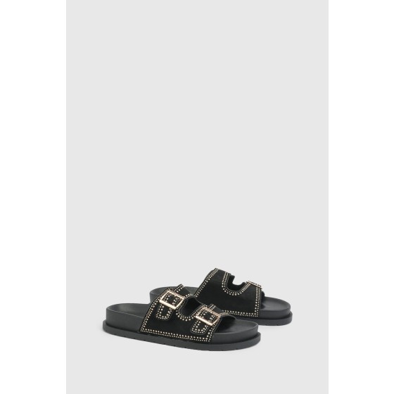Faux Suede Stud Detail Double Buckle Sliders