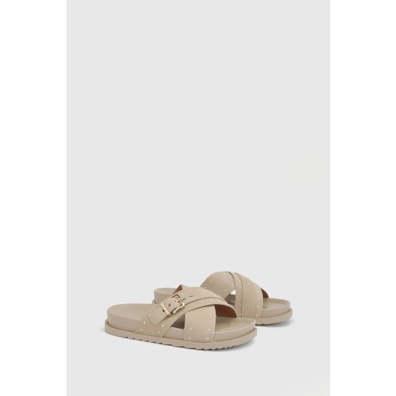 Faux Suede Stud Detail Cross Over Footbed Sliders
