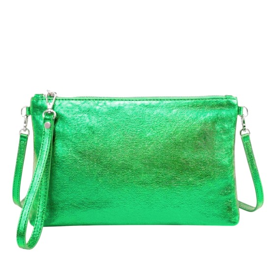 Genuine Metallic Genuine Italian Leather Slim Crossbody Clutch Bag