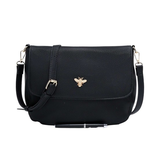 Bee Accent Flap Over Zip Closure Crossbody Bag With Detachable Strap