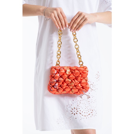 Floral Quilted Shoulder Grab  Bag with Gold Chain Strap