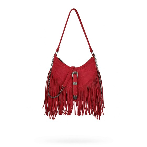 Fringe Faux Suede Shoulder Crossbody Bag with Front Buckle