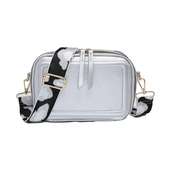 Double Ribbon Zip Compartments Small Crossbody Bag With Canvas Strap
