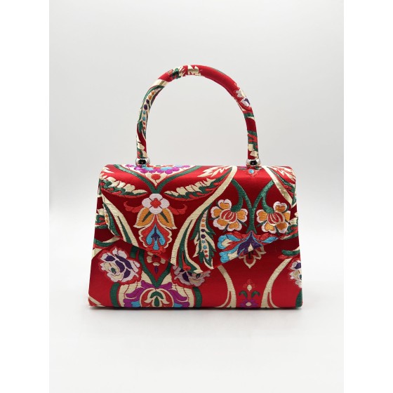 Floral Satin Embroidered Top Handle Bag in Red