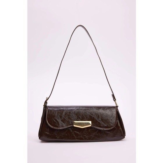 Women's Crinkle Patent Baguette Shoulder Bag with Metal Clasp