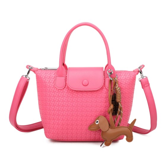 Mini Woven Texture Crossbody Bag Top Handles Cute Dog Charm