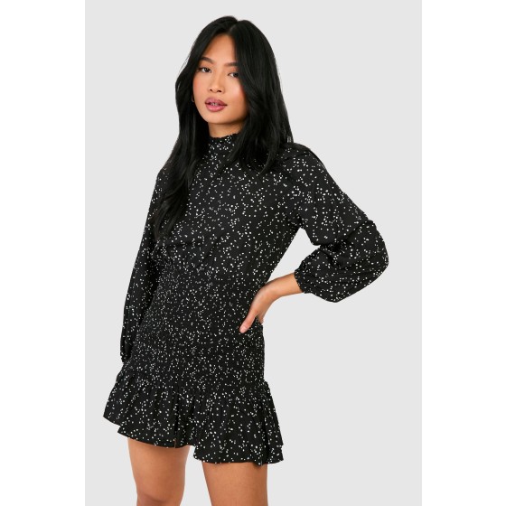 Petite Spot High Neck Shirred Ruffle Dress